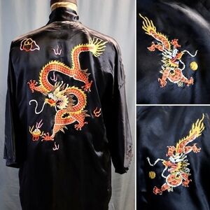 1970s Rare 100% Silk Robe with Hand Embroidered Dragons